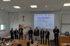 Inauguracja olimpiady POLTELEINFO. Od lewej: mgr inż. L. Niedbała, mgr inż. Z. Zagrodnik, dr inż. D. Klepacki, mgr inż. M. Kopeć, mgr inż. M. Zawadzki, mgr inż. D. Korecki, mgr inż. K. Kliś, dr inż. M. Mazurek, mgr inż. Z. Styczeń, dr inż. K. Kamuda,
